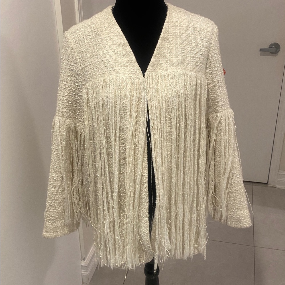 ZARA Ecru Cream Fringe Open Cardigan Tweed Textured Structured Jacket Sze Small - Picture 12 of 17